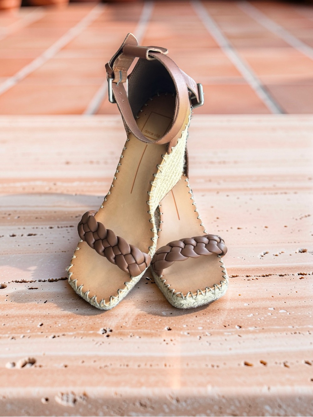 Braided Strap Tan Espadrille Wedges with Ankle Buckle
